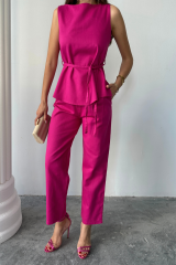 KETEN BLUZ - PANTOLON TAKIM MASSİMO MODELSCREAT KUMAŞ - Fuşya