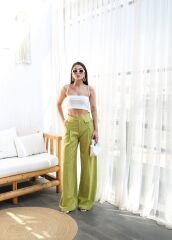 Keten Düğme Detayli Dökümlü Palazzo Pantolon