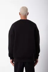 Unisex Biskilet Yaka Üç İplik SweatShirt - Siyah