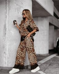 Kadın Dalgıç Kumaş Leopar Desenli Fermuar Detaylı Ikili Tamım