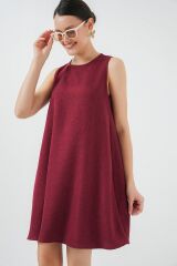 2444 Mini Keten Elbise - Bordo