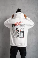 Erkek Ön Arka Baskılı Kapşonlu Sweat - Beyaz